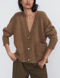 Fashion Brown Pocket V-neck Knit Cardigan