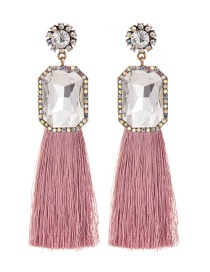 Fashion Leather Pink + White Alloy Rhinestone Square Long Fringe Stud Earrings