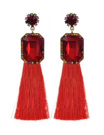 Fashion Red Alloy Rhinestone Square Long Fringe Stud Earrings