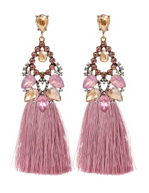 Fashion Leather Pink Alloy Rhinestone Hollow Water Drop Long Tassel Stud Earrings