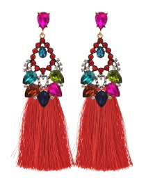 Fashion Red Alloy Rhinestone Hollow Water Drop Long Tassel Stud Earrings