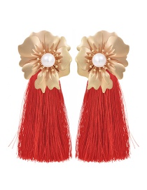 Fashion Red Alloy Pearl Flower Long Fringe Stud Earrings
