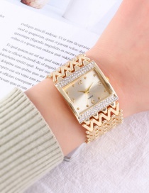 Fashion Golden Quartz Watch With Diamonds And Square Metal Strap