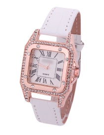 Fashion White Leather Watch With Square Diamonds