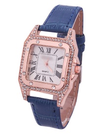 Fashion Blue Leather Watch With Square Diamonds