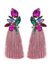 Fashion Leather Pink + Green Alloy Rhinestone Drop Fringe Stud Earrings