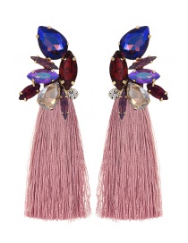 Fashion Leather Pink + Purple Alloy Rhinestone Drop Fringe Stud Earrings