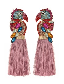 Fashion Leather Pink Alloy Rhinestone Parrot Tassel Stud Earrings