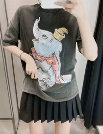 Fashion Gray Elephant Print Crew Neck T-shirt