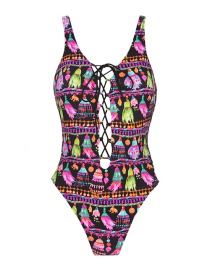 Fashion Color Printed Deep V-neck One-piece Swimsuit