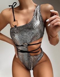 Fashion Silver Snake Pattern Hollow One-shoulder Printed One-piece Swimsuit