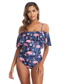 Fashion Navy Ruffled Shoulder Flamingo Print One-piece Swimsuit