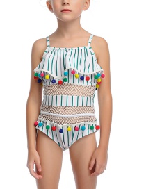 Fashion Stripe Mesh Stitching Lotus Leaf Fringed Fringed One-piece Swimsuit For Children