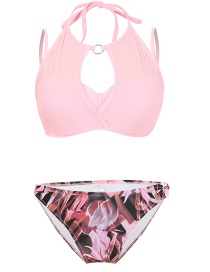 Fashion Pink Net Stitching Halter Print Split Swimsuit