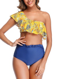 Fashion Yellow Printed Ruffled One-shoulder High Waist Split Swimsuit