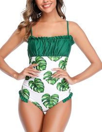 Fashion Green Pleated Fungus-paneled Printed One-piece Swimsuit
