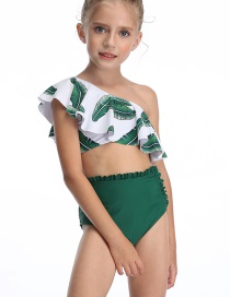 Fashion Green Printed Ruffled One-shoulder High Waist Split Swimsuit For Children