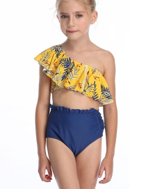 Fashion Yellow Printed Ruffled One-shoulder High Waist Split Swimsuit For Children