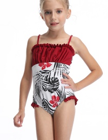 Fashion Red Printed Pleated Fungus Panel One Piece Swimsuit For Children