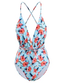 Fashion Safflower On Blue Printed Deep V Band One Piece Swimsuit