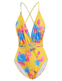 Fashion Blue Flowers On Yellow Background Printed Deep V Band One Piece Swimsuit