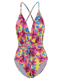Fashion Yellow Safflower Printed Deep V Band One Piece Swimsuit
