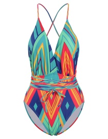 Fashion Color Geometric Print Printed Deep V Band One Piece Swimsuit