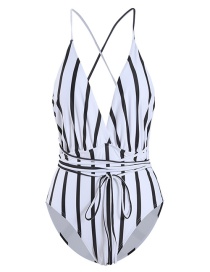 Fashion Black Bars On White Printed Deep V Band One Piece Swimsuit