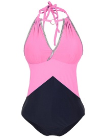 Fashion Pink Mesh Stitching Halter Hollow One-piece Swimsuit
