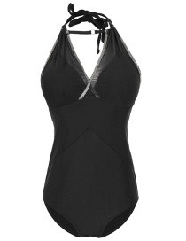 Fashion Black Mesh Stitching Halter Hollow One-piece Swimsuit