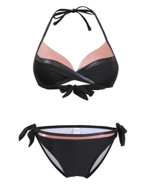 Fashion Black + Rose Pink Hard Wrap Halter Small Pleated Strap Split Swimsuit