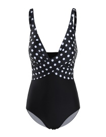 Fashion Black Dots Deep V Lace Up Cross Panel One Piece Swimsuit