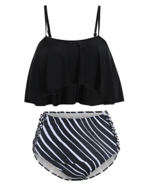 Fashion Black Ruffled Pleated High-waist Printed Split Swimsuit