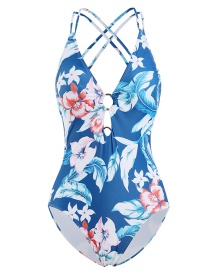 Fashion Sapphire Deep V-ring Hollow Cross Back One-piece Swimsuit
