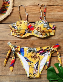 Fashion Yellow Hard Pack Printed Twist Strap Split Swimsuit