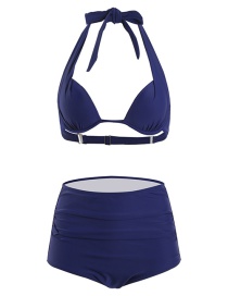 Fashion Dark Blue Hard Pack High Waist Halter Split Swimsuit