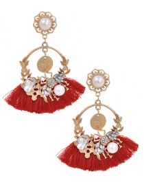 Fashion Red Alloy Studded Pearl Stud Earrings With Diamonds