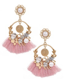 Fashion Leather Pink Alloy Studded Pearl Stud Earrings With Diamonds