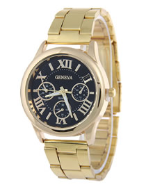 Fashion Golden Black Face Steel Strap Roman Numeral Quartz Men's Watch
