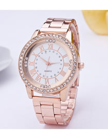 Fashion Rose Gold Roman Scale Quartz Watch With Steel Band And Diamonds