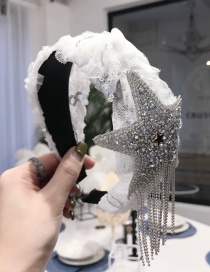 Fashion Beige Lace Gauze Knotted Diamond Star Tassels Wide-edged Headband