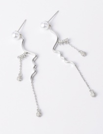 Fashion Silver Micro Inlaid Zircon Pearl Wave Drop Chain Earrings