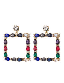Fashion Color Square Alloy Set With Colored Rhinestone Earrings