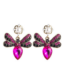 Fashion Rose Red Butterfly Set With Colored Rhinestone Pearl Earrings