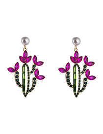 Fashion Rose Red Cactus Alloy Earrings With Colored Rhinestones
