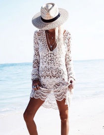 Fashion White Long Cutout Crocheted Long Sleeve Sun Cover Blouse