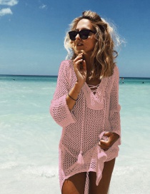 Fashion Pink Tied Crochet Cutout Fringed Blouse Skirt