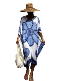 Fashion Big Blue Flower Long Cotton Blouse With Cotton Print