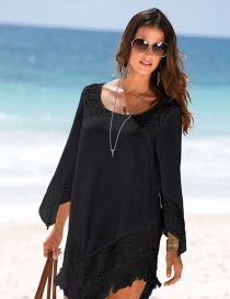 Fashion Black Lace Flower Round Neck Fringed Midi Sunscreen Dress