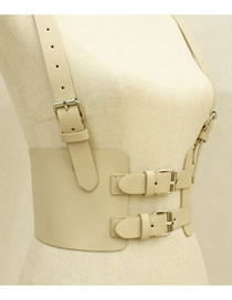 Fashion Creamy-white Double Buckle Belt Buckle Belt Waist Wide Strap Belt